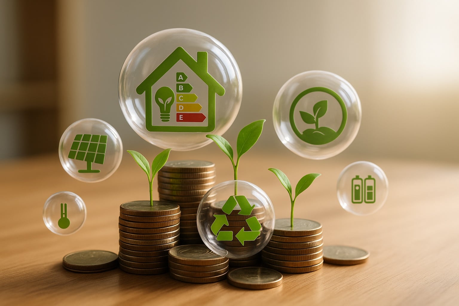 Grafik mit Geldmünzen, grünen Pflanzen und Symbolen für Nachhaltigkeit, Energieeffizienz und Recycling für Unsere Grüne Glasfaser.