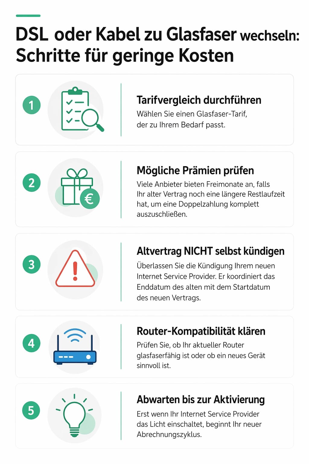 Schritte zum Wechsel von DSL oder Kabel zu Glasfaser mit Unsere Grüne Glasfaser für kostengünstige Internetnutzung.
