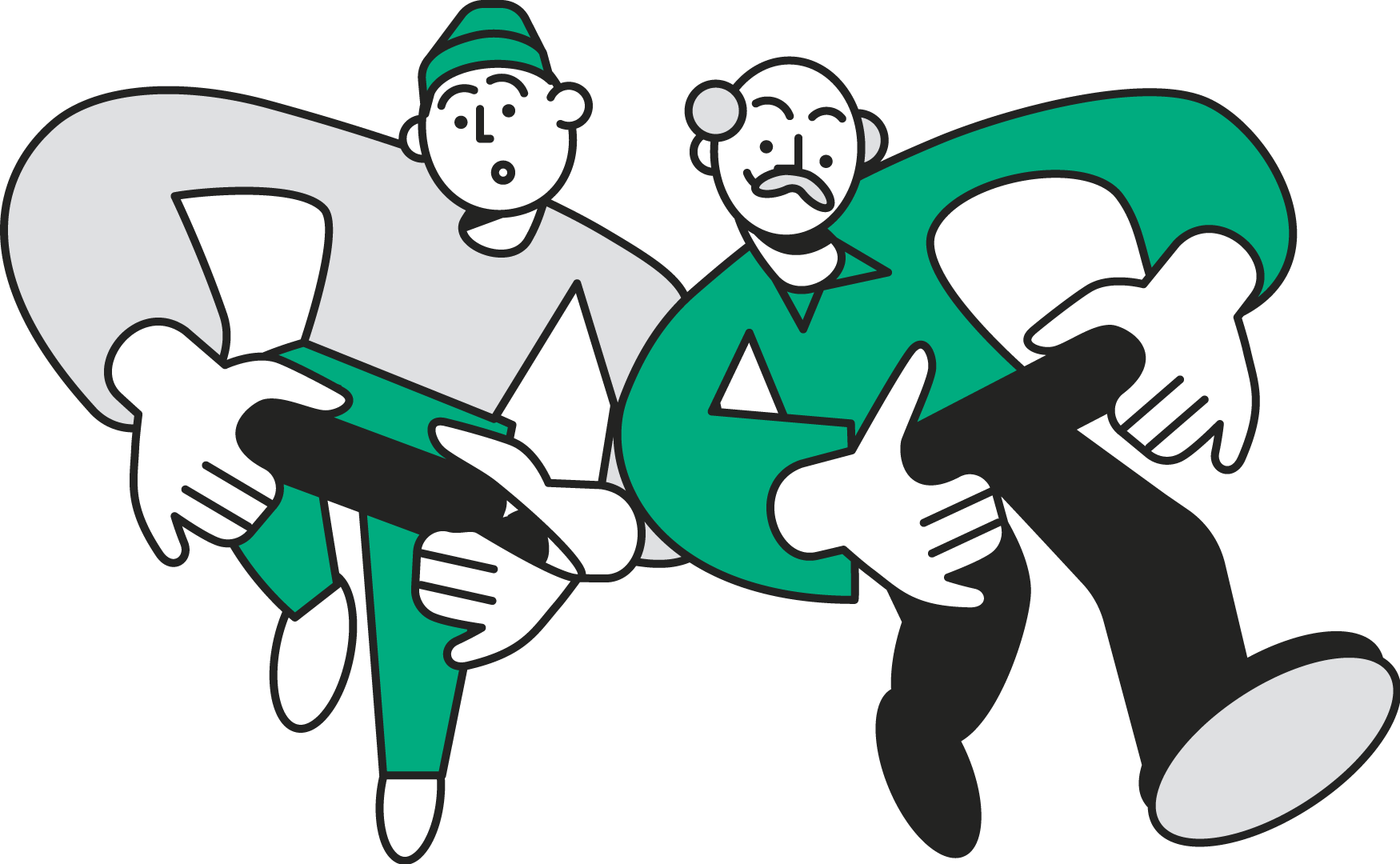 Zwei Charaktere von Unsere Grüne Glasfaser arbeiten gemeinsam an einem Kabel, symbolisieren Teamarbeit und Vernetzung.