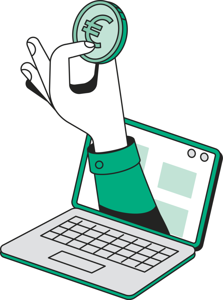 Hand, die eine Euro-Münze hält, aus einem Laptop herausragend, symbolisiert digitale Zahlungsmöglichkeiten bei Unsere Grüne Glasfaser.