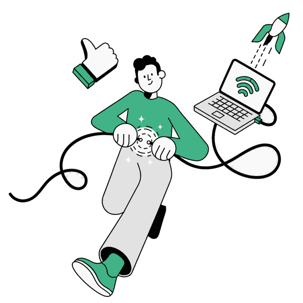 Mann mit Laptop und Kabel, symbolisiert die schnelle Internetverbindung von Unsere Grüne Glasfaser für modernes Arbeiten und Surfen.